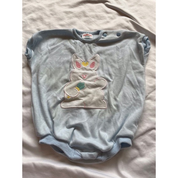 Vintage Healthtex Blue Summer Bubble Romper Bunny Applique Pastel Stripe Sz 12m - Picture 1 of 11